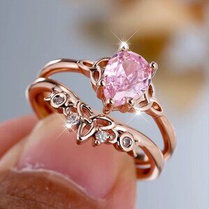 NEW 14k Rose Gold Pink Sapphire Pear Cut Diamond Ring Set of 2 Rings